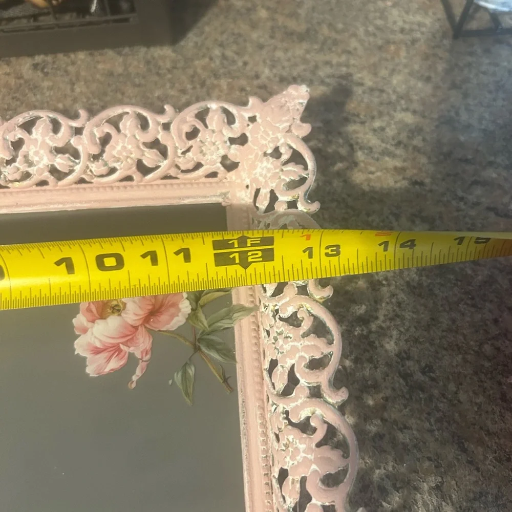 Gorgeous Vintage Pink Roses Brass metal glass serving or Vanity Tray Upcycled